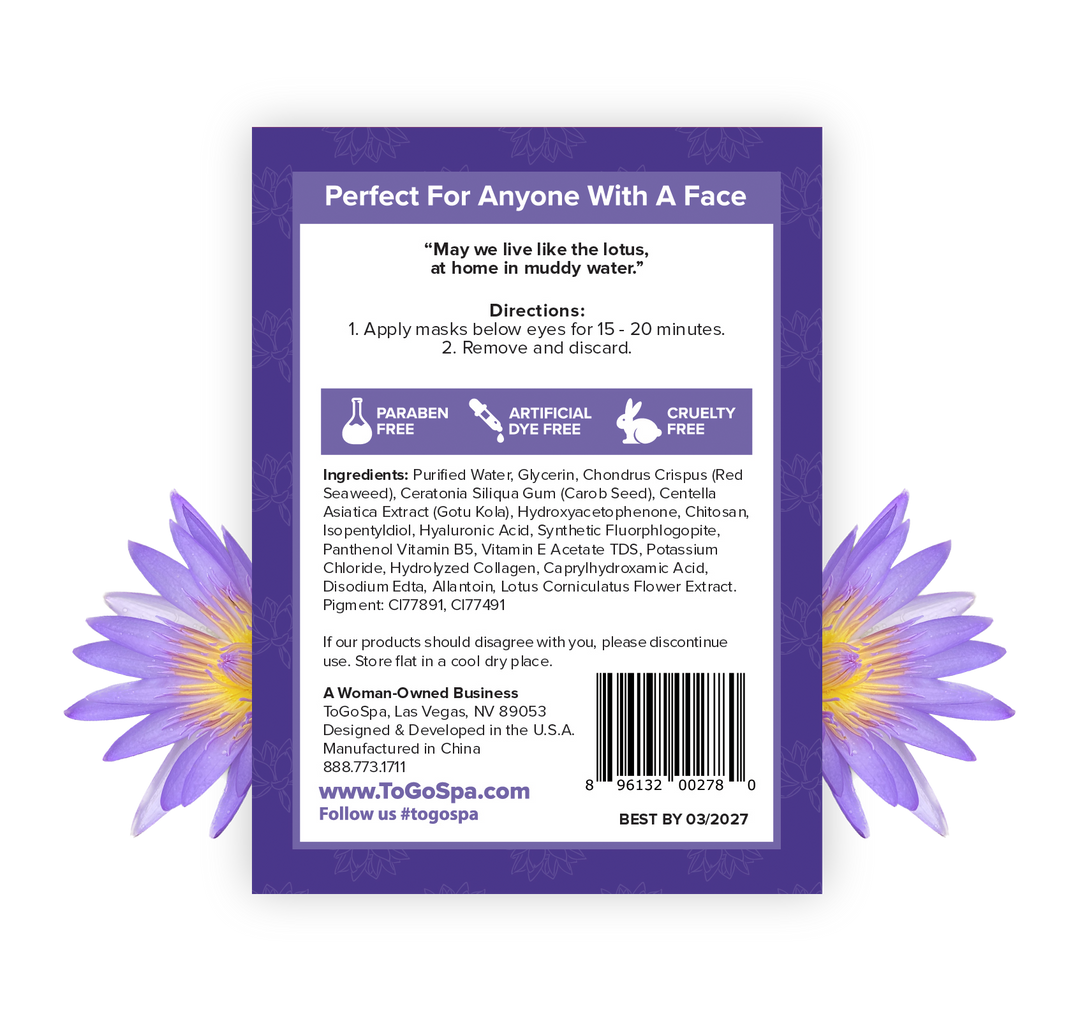 Packaging for Lotus Flower Eyes soothing gel pads featuring a lotus flower motif