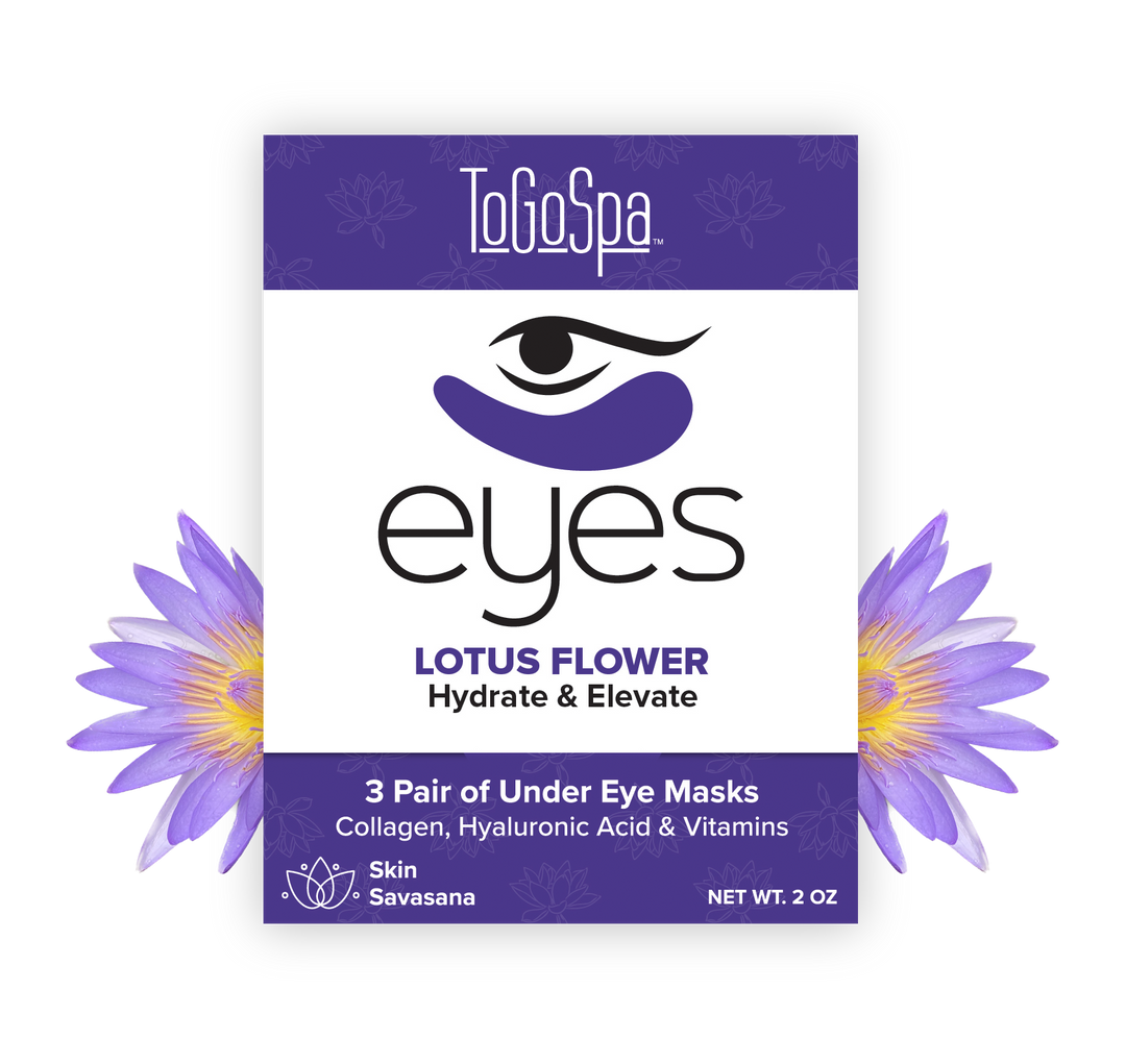 Two translucent gel eye pads with a lotus flower motif on white packaging.