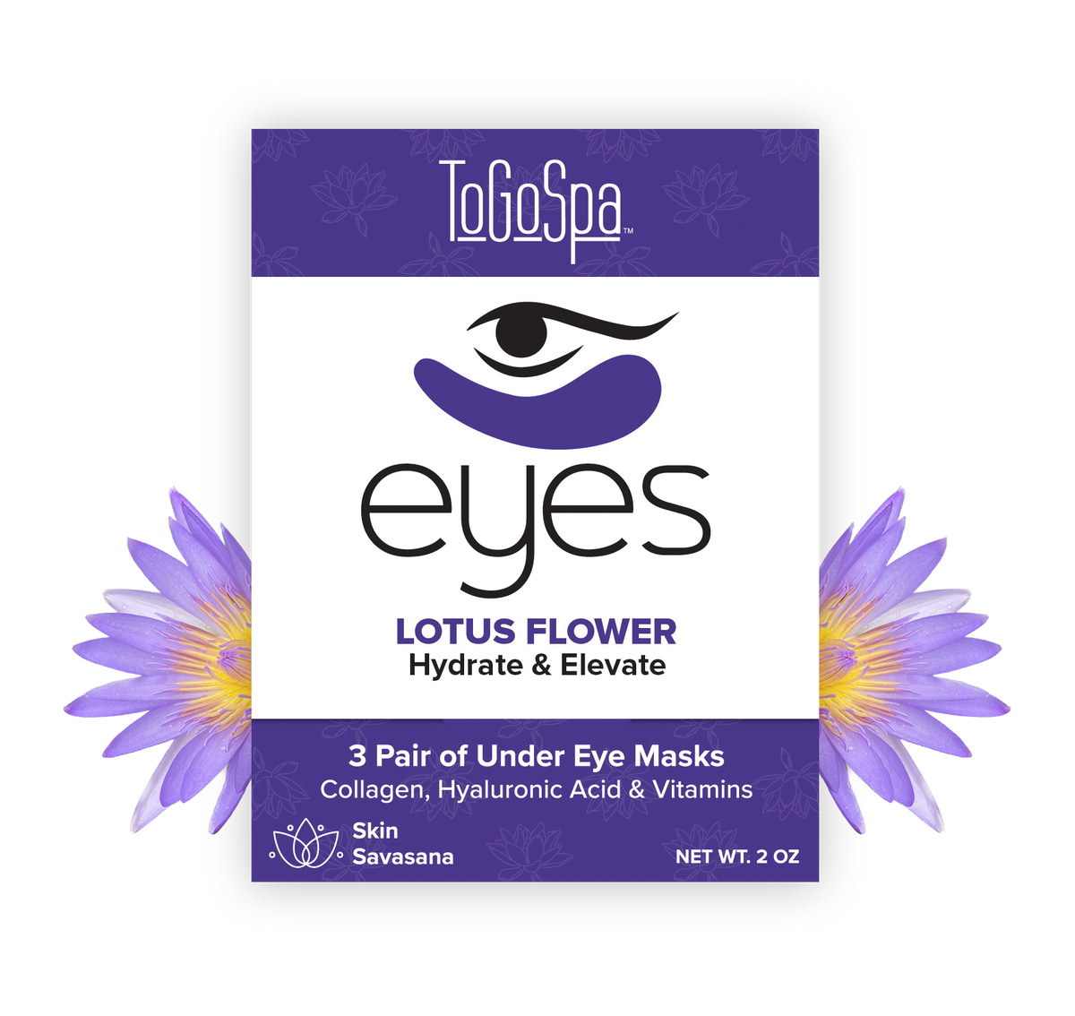 Two translucent gel eye pads with a lotus flower motif on white packaging.