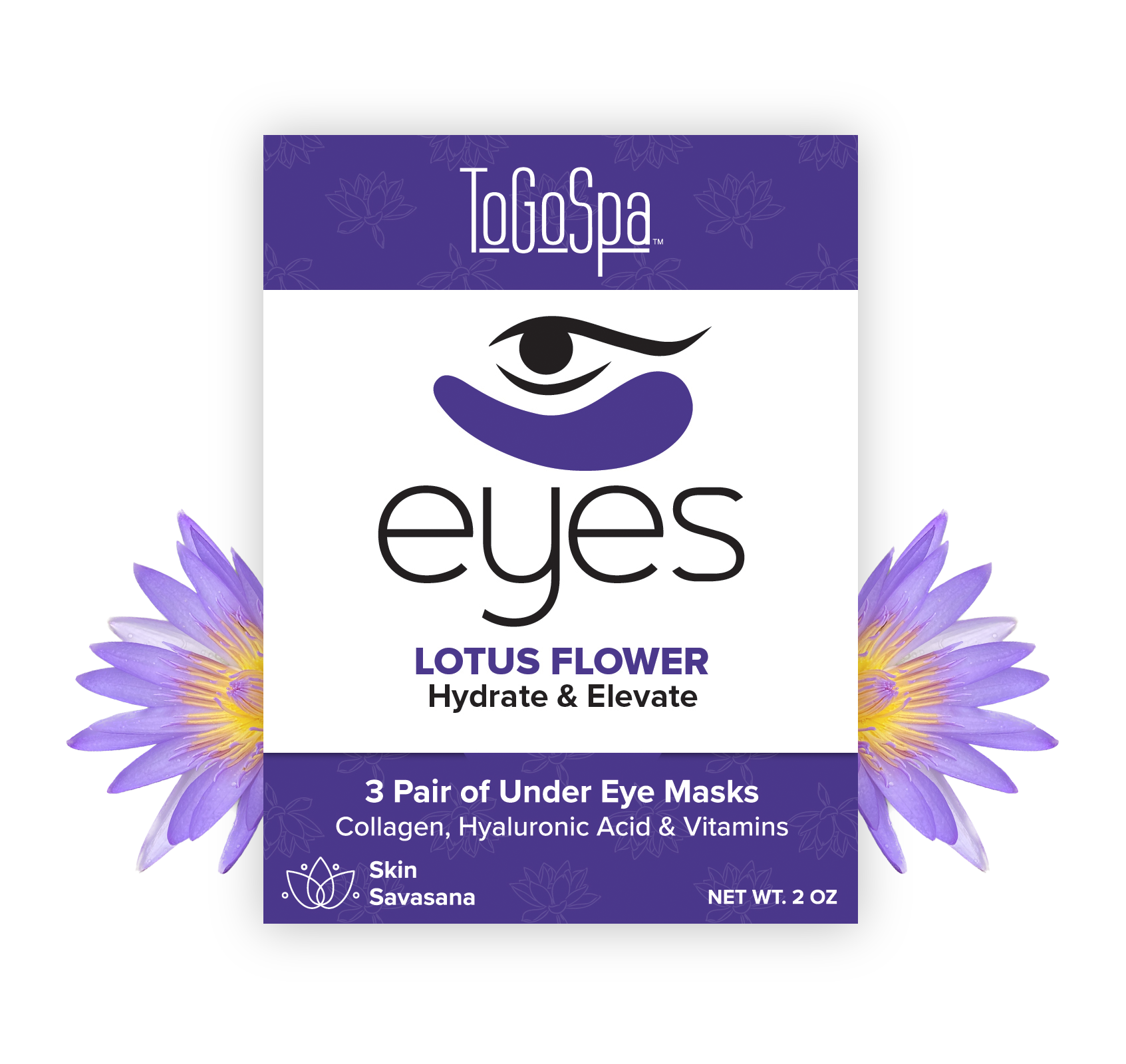 Two translucent gel eye pads with a lotus flower motif on white packaging.