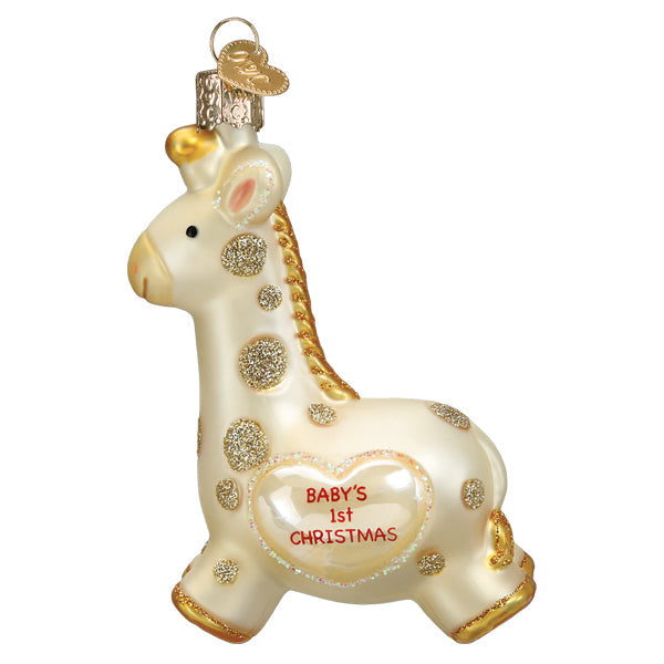 Baby's First Christmas Giraffe Ornament, a cream glass giraffe with gold glitter spots and heart.