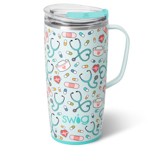 Silver stainless steel travel mug with a slim metal handle, silicone base, and large BPA-free lid.