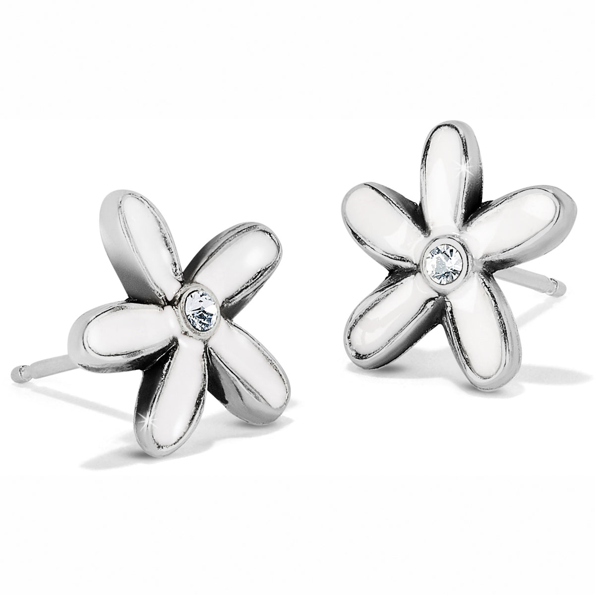 Silver-plated mini post earrings featuring hand-enameled white daisy flowers with fine quality crystal accents.