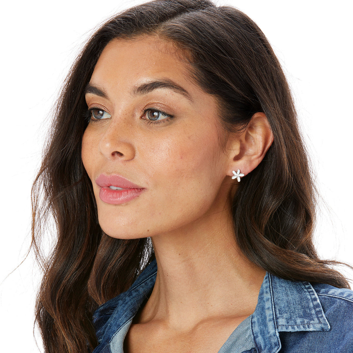 Silver-plated mini post earrings featuring hand-enamelled white daisy flowers with fine quality crystal accents.