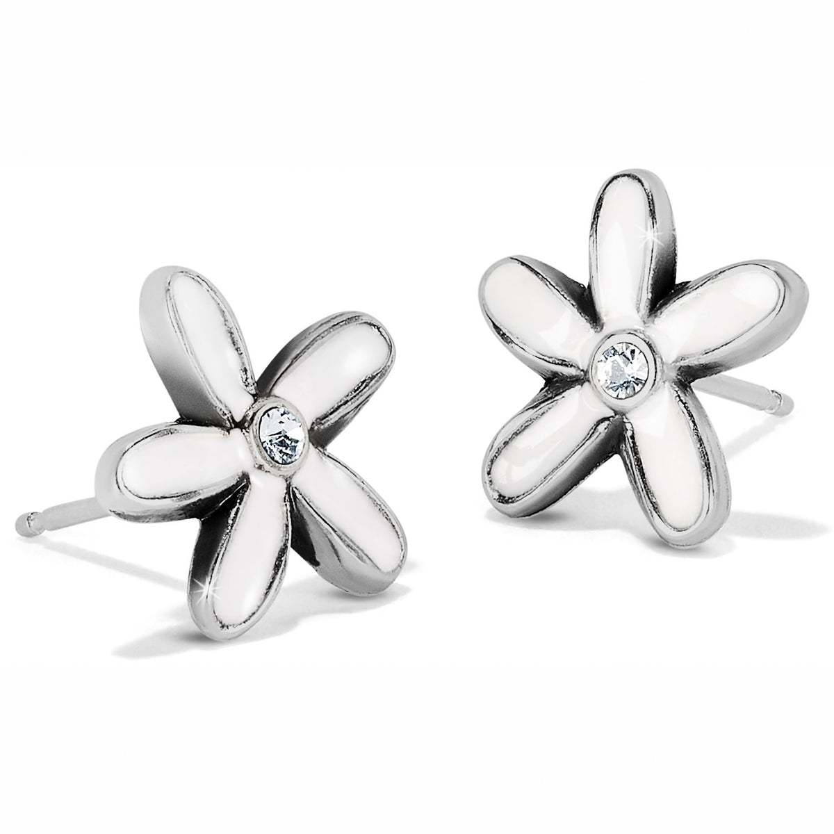 Silver-plated mini post earrings featuring hand-enamelled white daisy flowers on a silver background.
