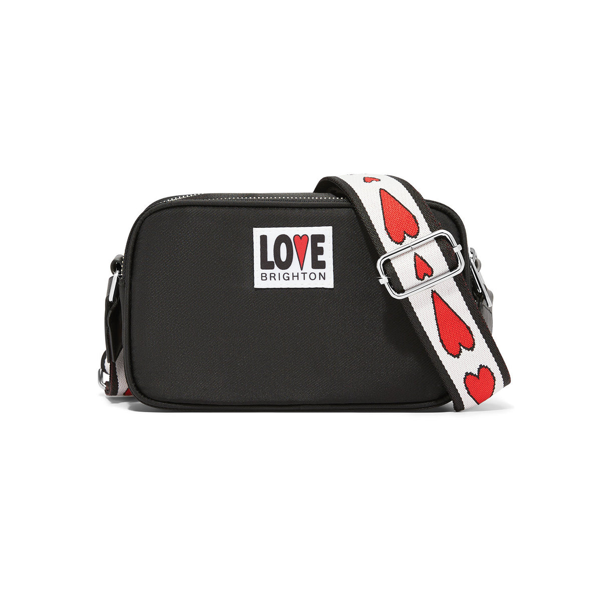 Black polyester cross body bag with adjustable strap, zip top closure, three exterior pockets, and sleek silhouette.
