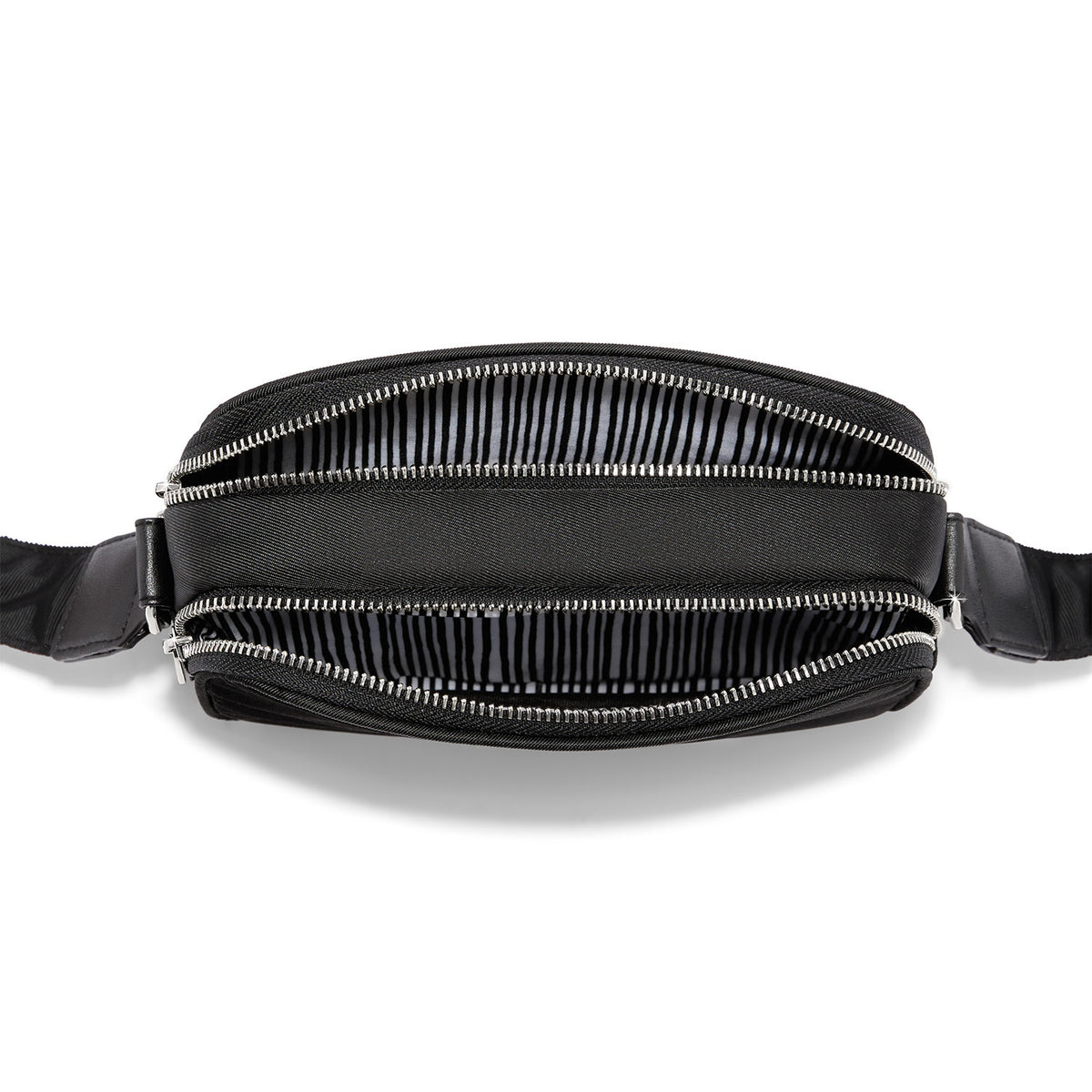 Black polyester cross body bag with adjustable strap, zip top closure, three exterior pockets, and sleek silhouette.