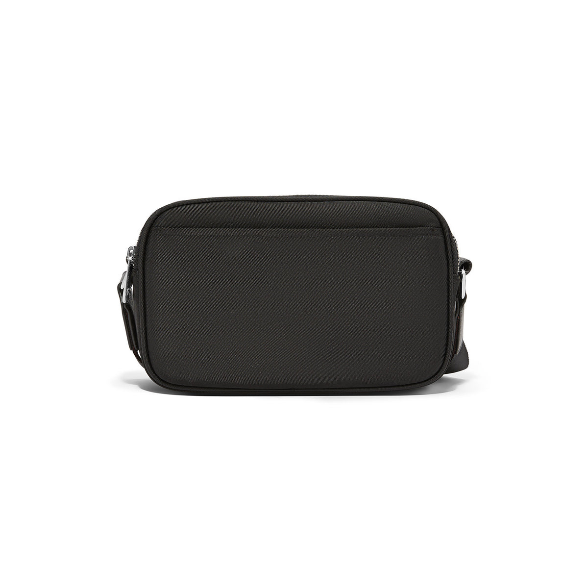 Black polyester cross body bag with adjustable strap, zip top closure, three exterior pockets, and sleek silhouette.