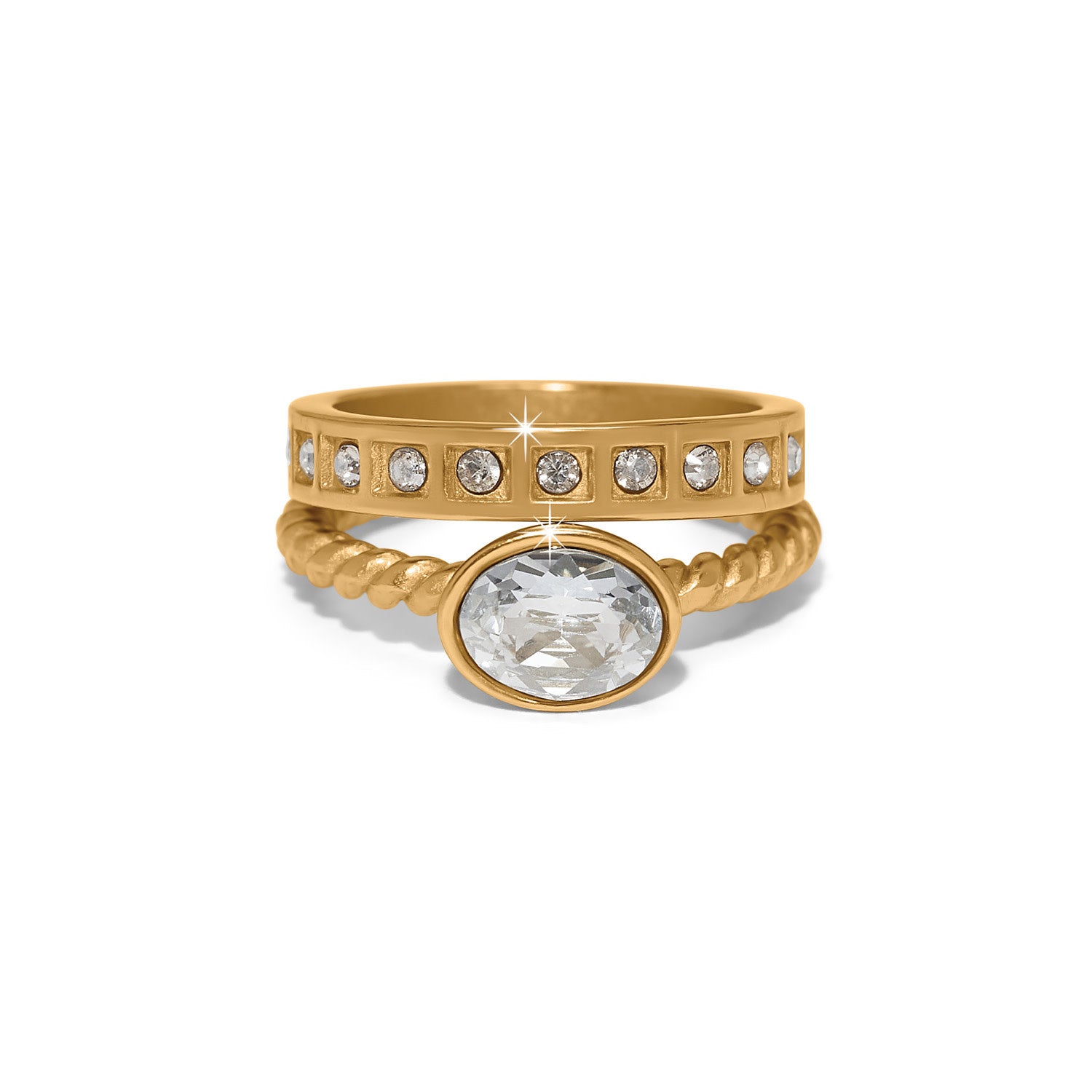 Silver-gold plated duo rings with fine quality crystals in complementary designs.