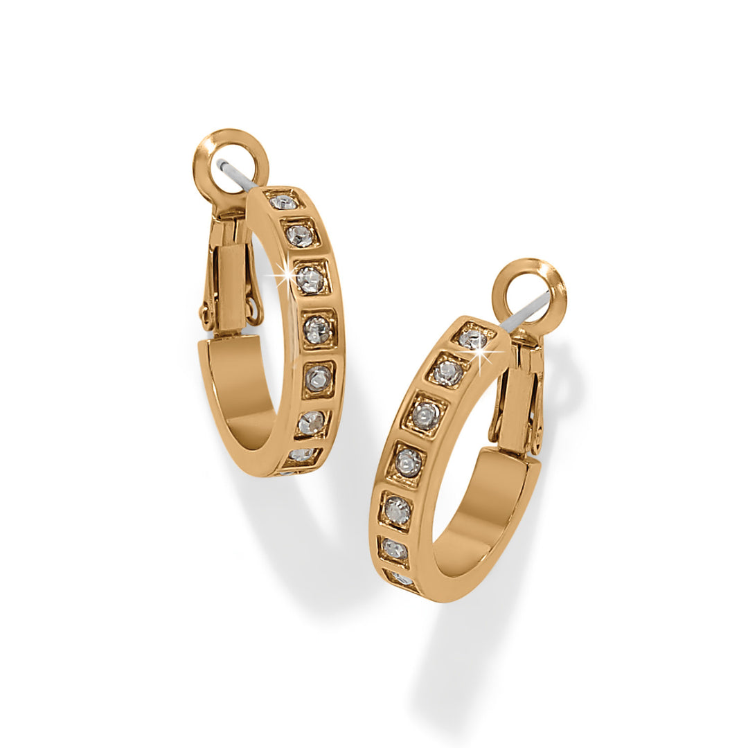 Gold plated hoop earrings with lever back posts featuring fine quality crystals