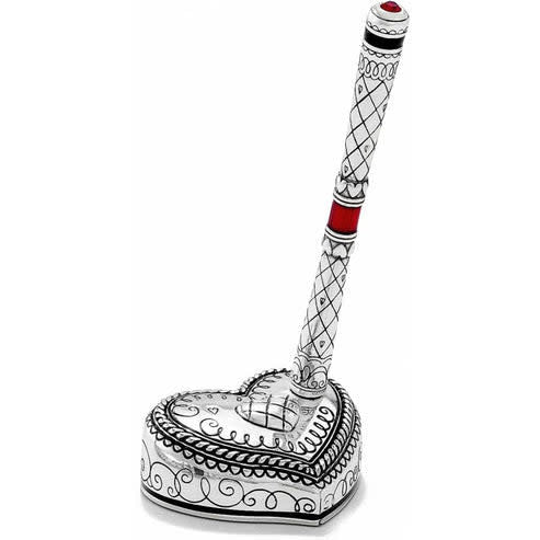 Silver plated crystal pen holder with contemporary etching shaped like love letters.