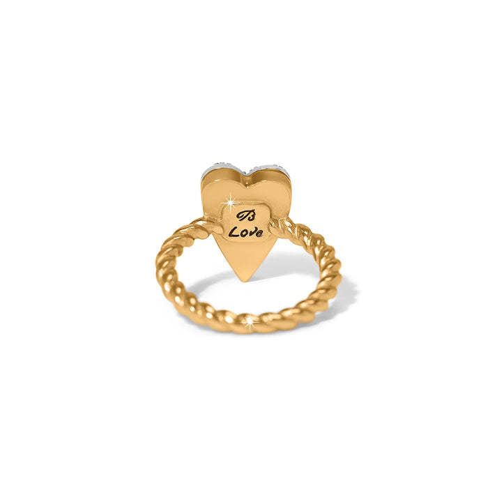 Two-tone silver-gold twisted band ring with a pave-set sparkling heart crystal.
