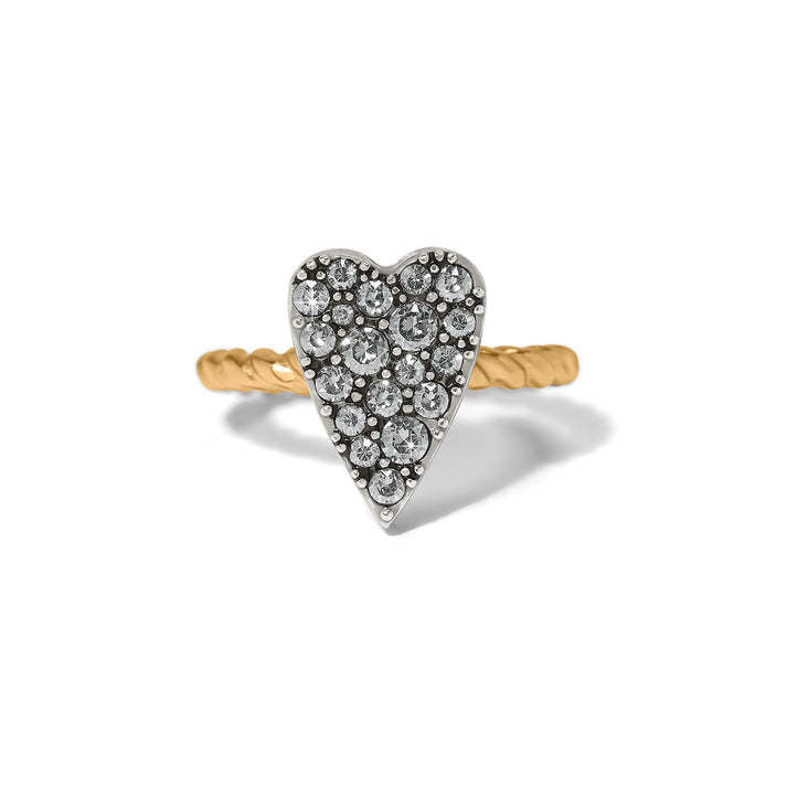 Silver-gold two-tone ring with a pave-set heart crystal on a twisted band
