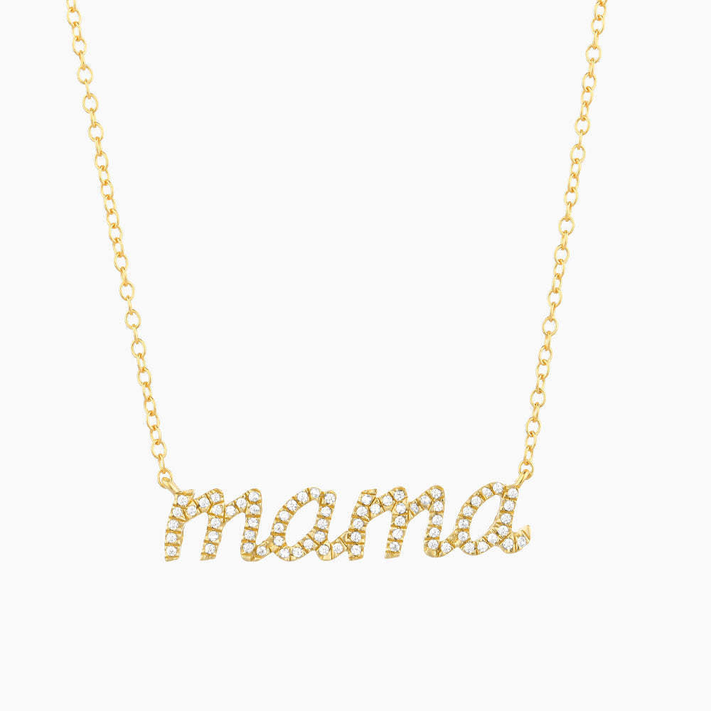 Silver-tone Love You Mama pendant necklace on a chain with heart-shaped text charm.