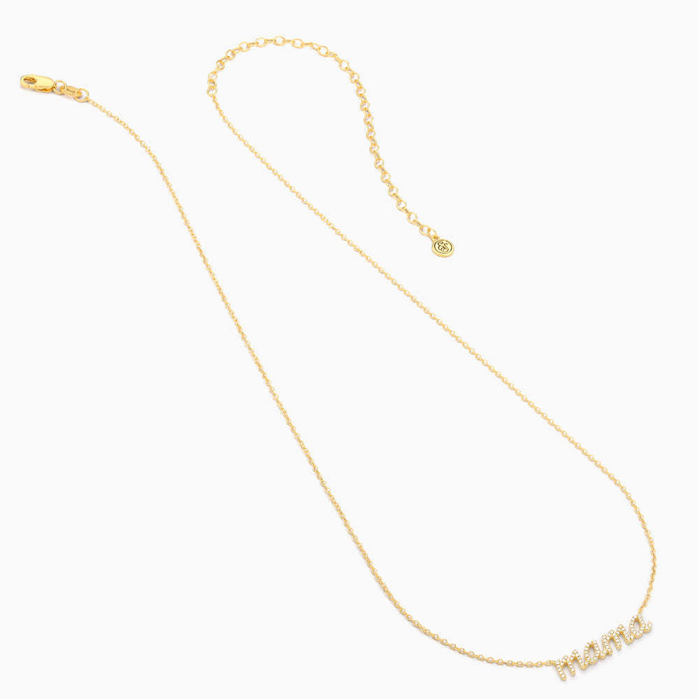 Silver-tone Love You Mama pendant necklace with diamond accents on a chain.