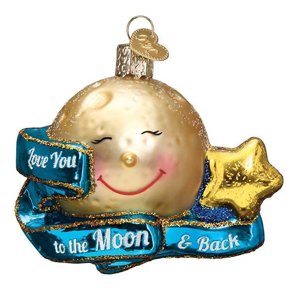 Mouth-blown glass ornament with silver accents featuring a heart-shaped moon silhouette surrounded by stars.