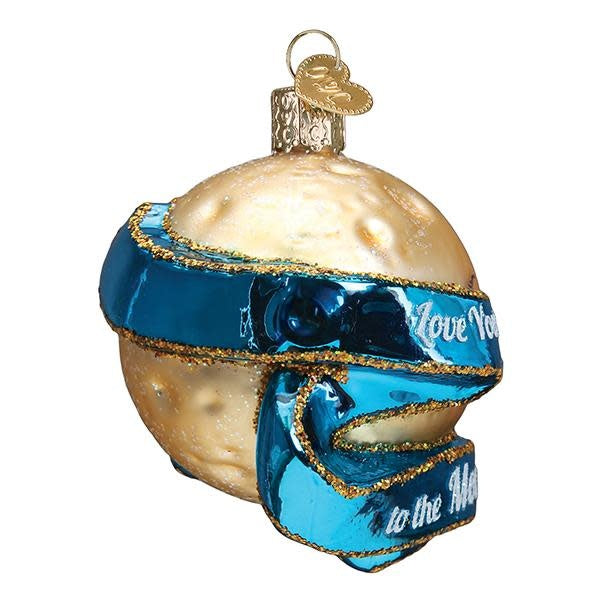 Mouth-blown glass ornament with silver accents featuring a heart-shaped moon silhouette surrounded by stars.