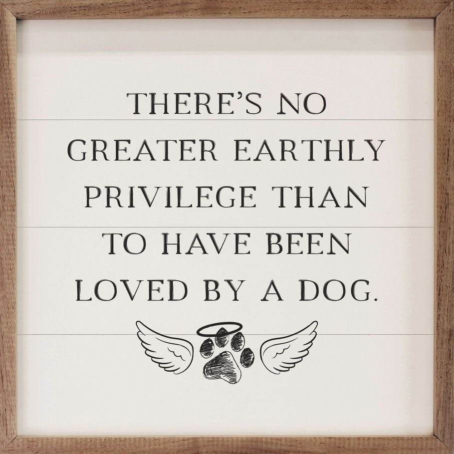 Hand-painted white Loved By A Dog art print on American hardwood with a natural walnut frame.