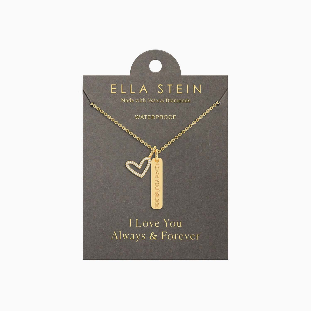 Gold plated stainless steel heart pendant necklace engraved with I Love You More on a silver chain.