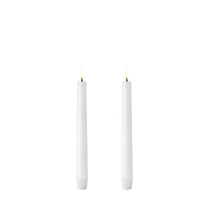 Set of two white smooth LED taper candles with built-in timer.