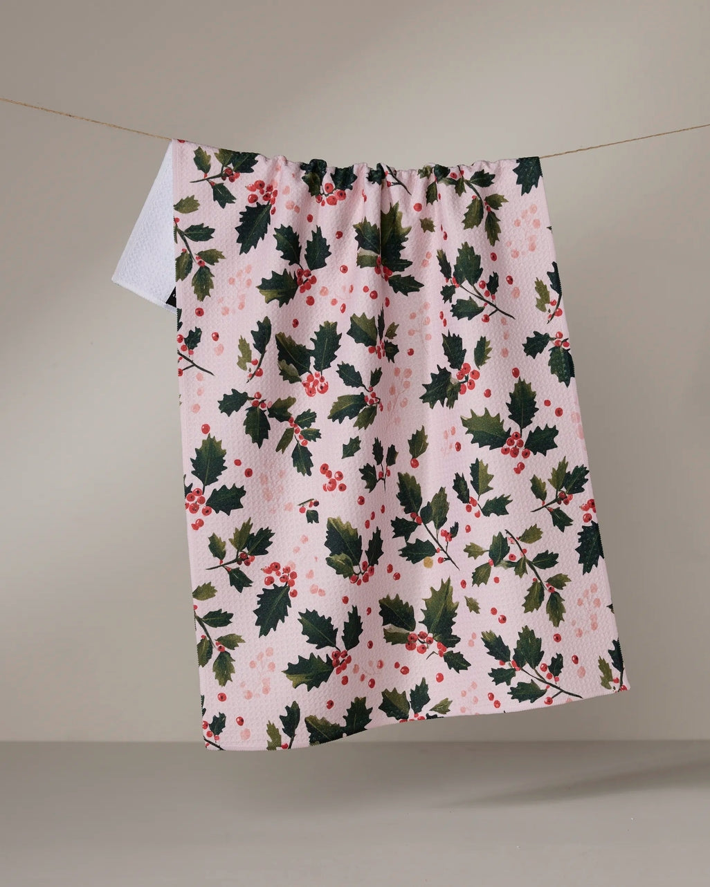 Recycled polyester waffle weave tea towel with single-sided holiday print