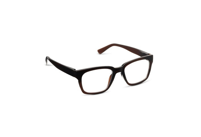 Brady rectangular dark brown polycarbonate glasses with clear blue light filtering lenses.