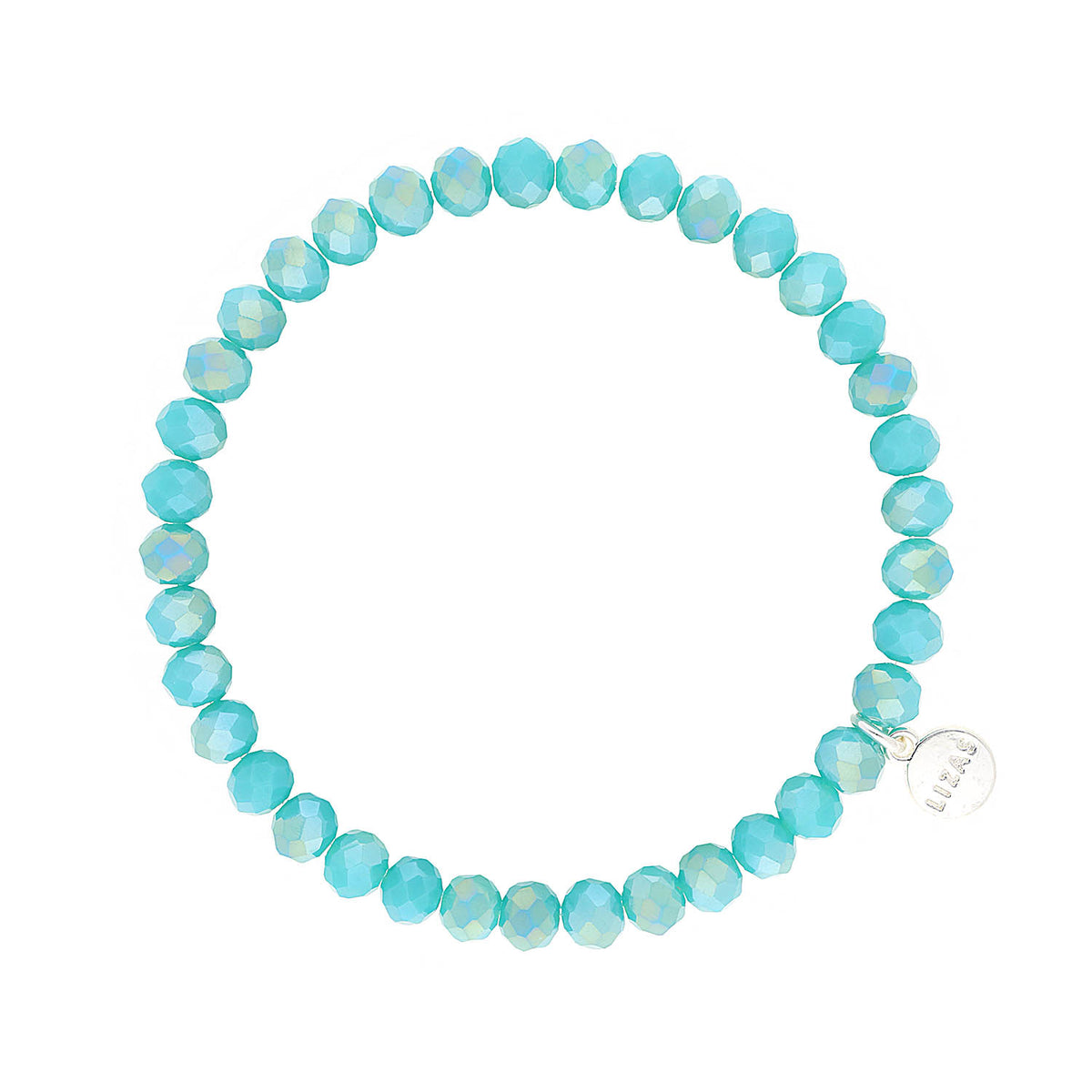 Stretchy beaded bracelet with faceted glass beads in a colorful pattern.
