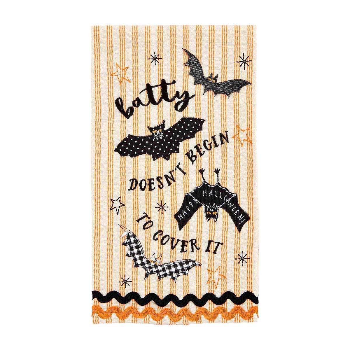 Cotton Halloween applique towel featuring a black bat silhouette on white fabric.