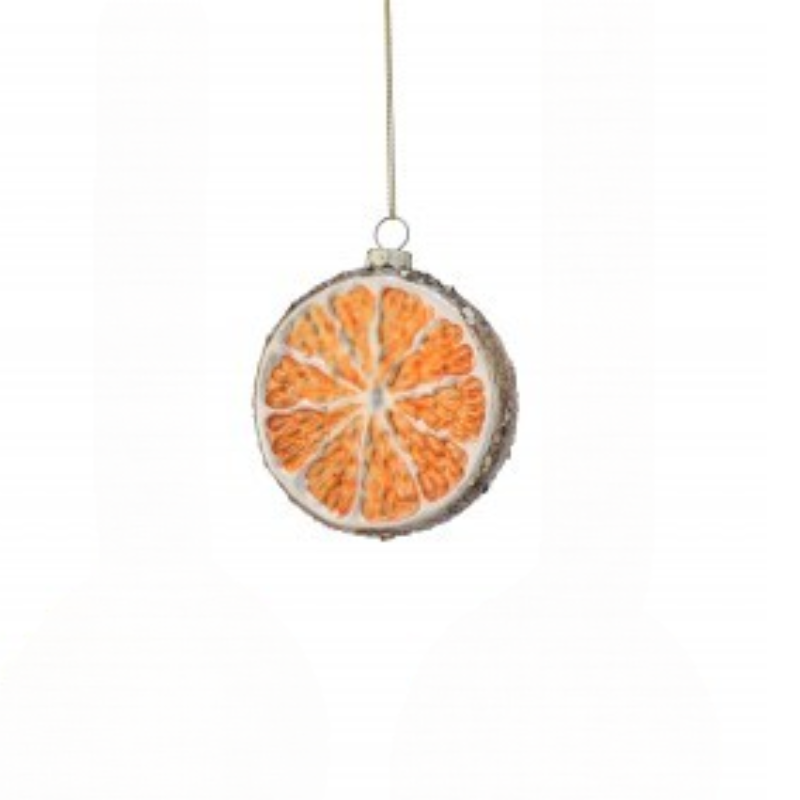 3.5-inch glass Christmas ornament shaped like a realistic orange slice with a glittered edge.