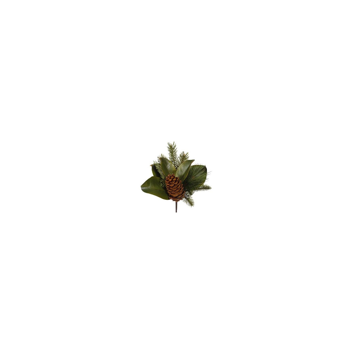12-inch Magnolia Leaf Pick with pine needles and a natural-looking pinecone centerpiece.