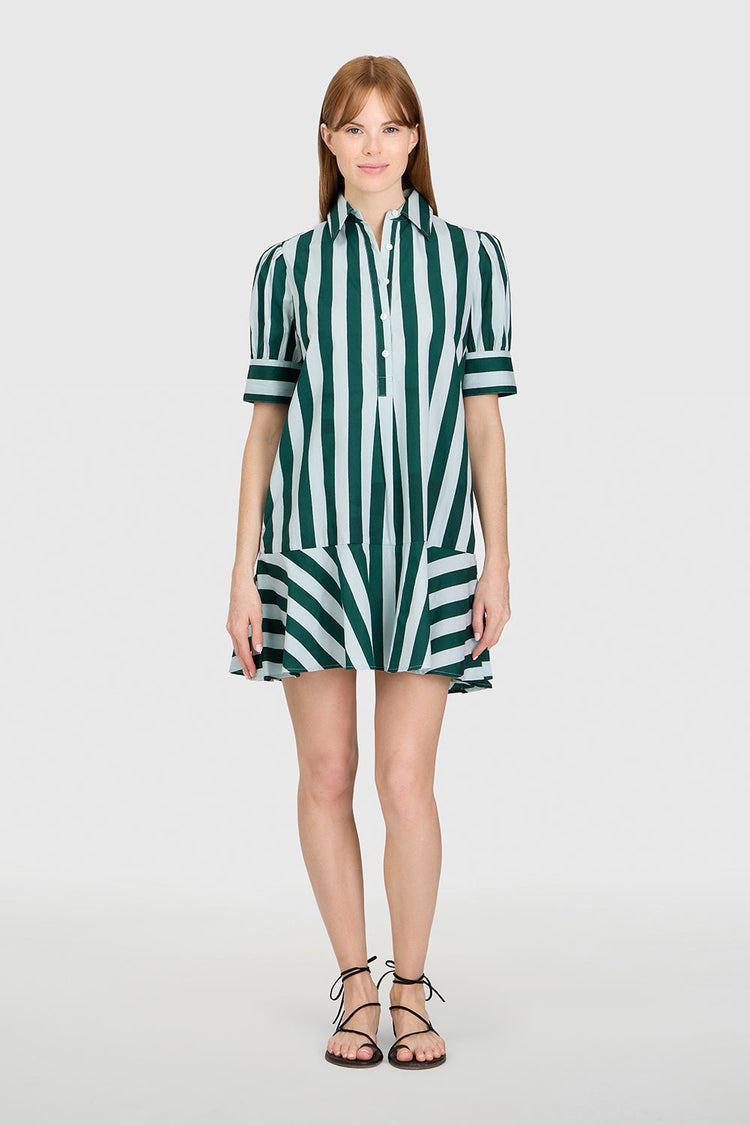 Joan Liv mini dress with puff sleeves, collared neck in a solid color.