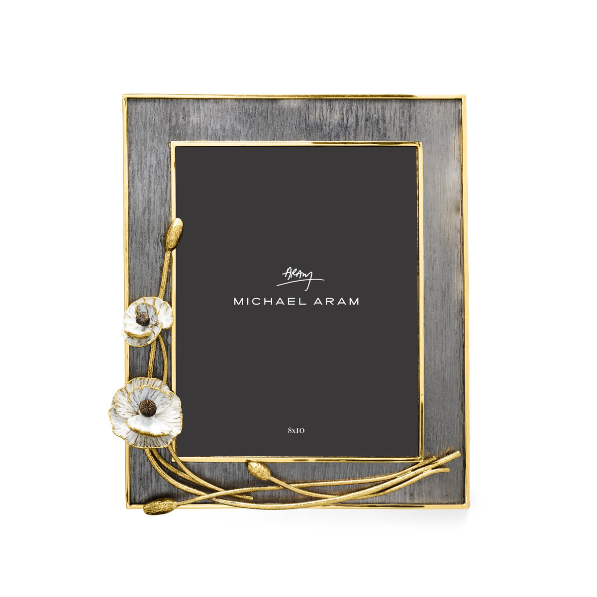Goldtone oxidized white enamel convertible photo frame with adjustable tabs.