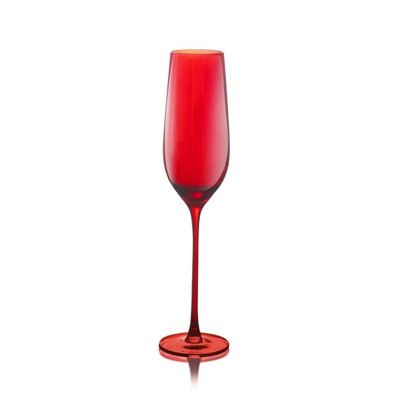 Mouth-blown Carnival flute glass in clear with iridescent rainbow swirls and a classic tapered silhouette.