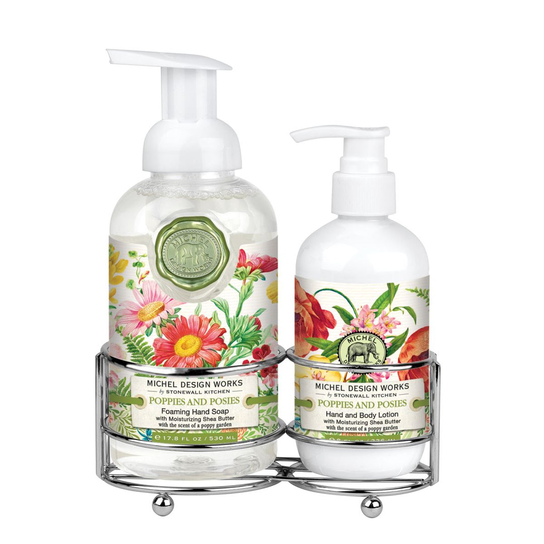 Foaming hand soap dispenser with matching lotion pump bottle in neutral tones.