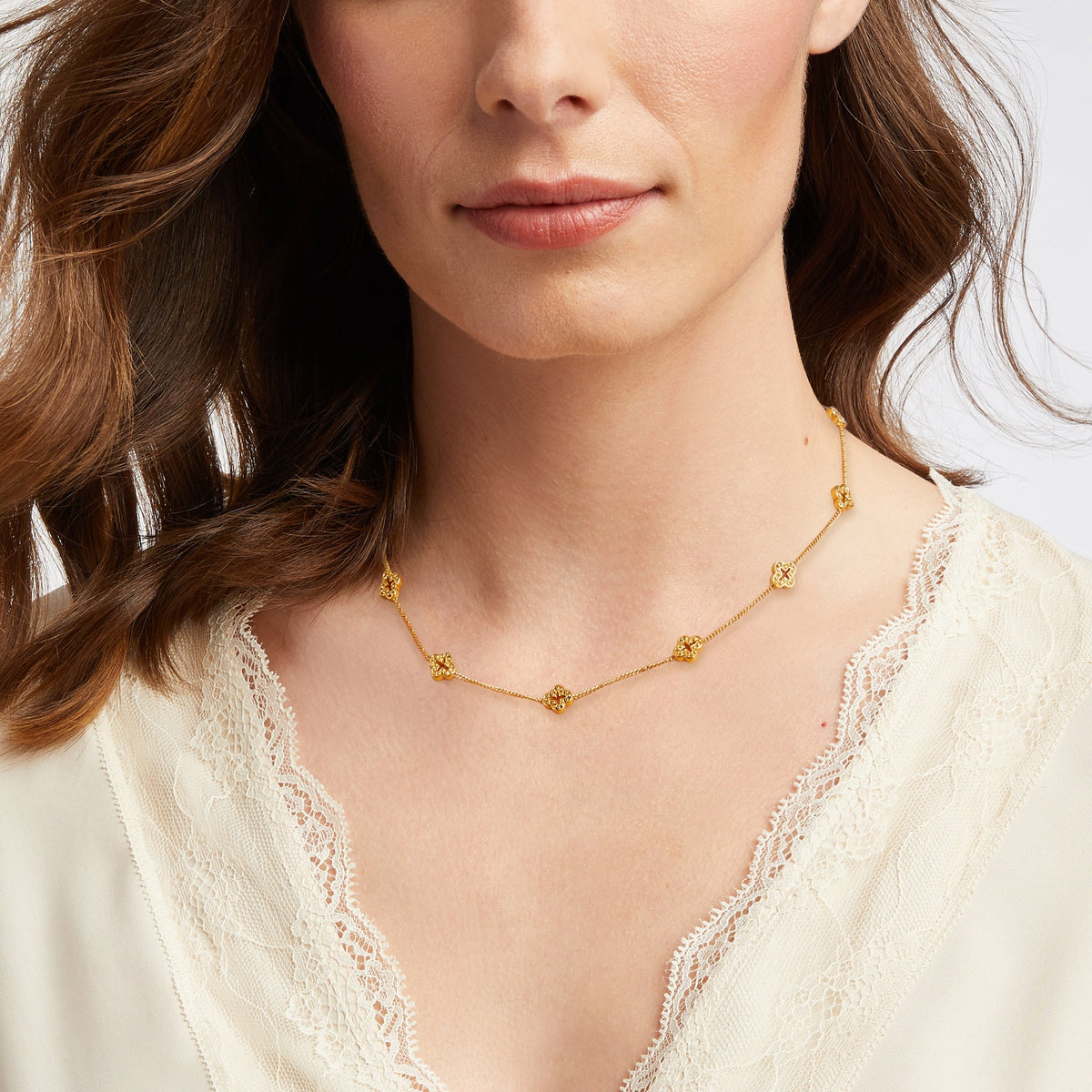 Model wearing the Florentine Demi Delicate Station Necklace in 24K gold plate.