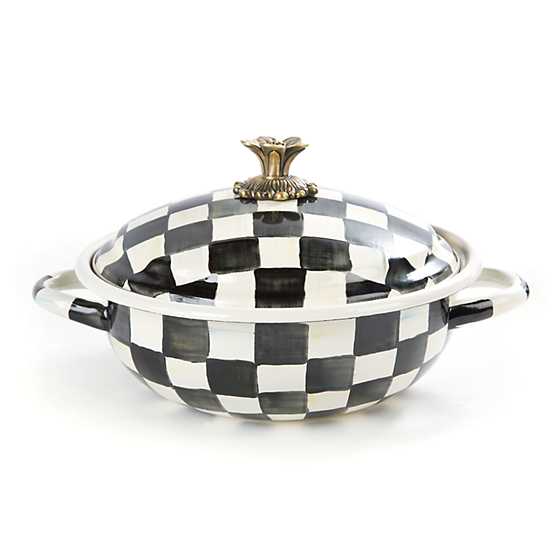 Courtly Check Medium Enamel Casserole with hand-painted pattern, heavy-gauge steel body, and antiqued brass knob.