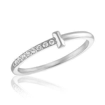 Silver Half CZ T Stack Ring with a T-shaped design and clear cubic zirconia stones on one side.