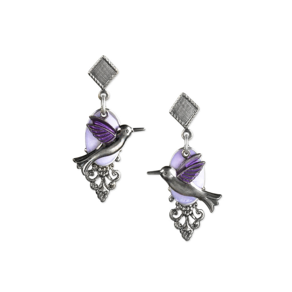 Hummingbird on Purple Filigree Oval Earrings with silver-tone accents and purple enamel wings.