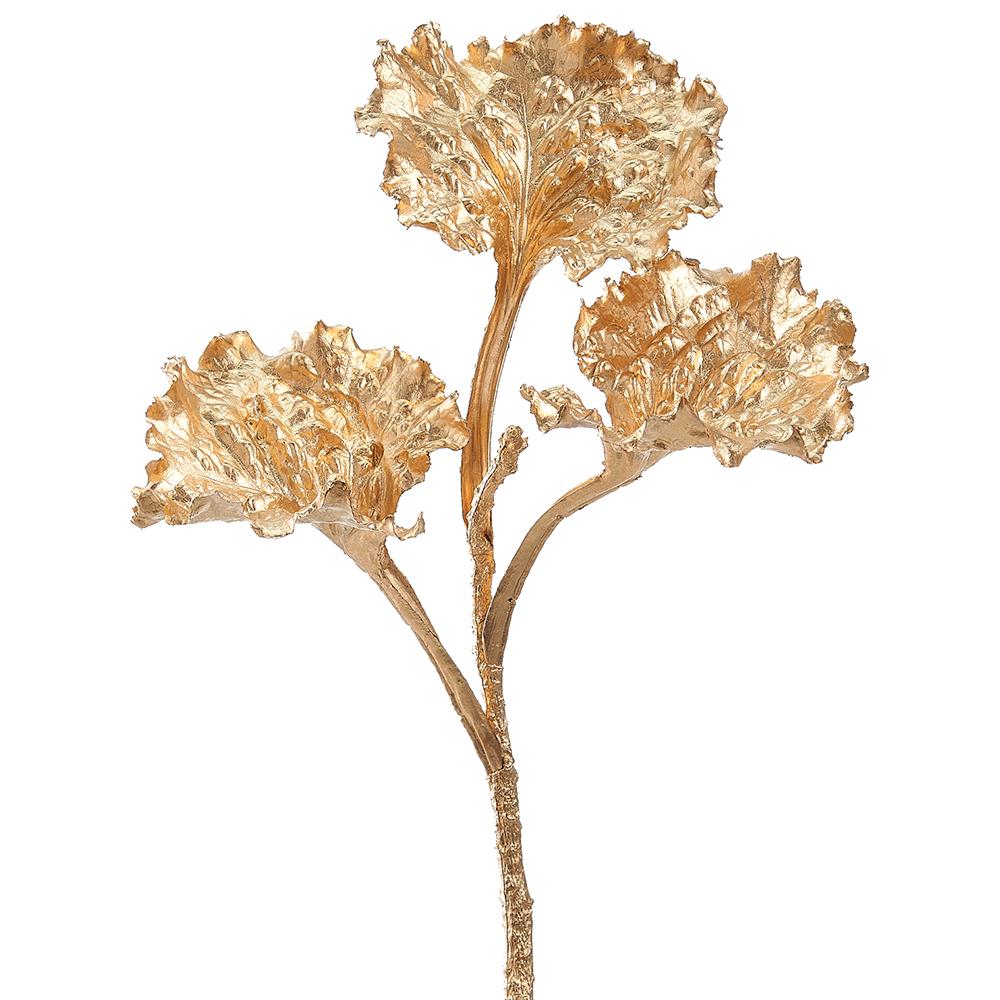 18-inch metallic gold kale spray with three textured, ruffled leaves on a single stem.