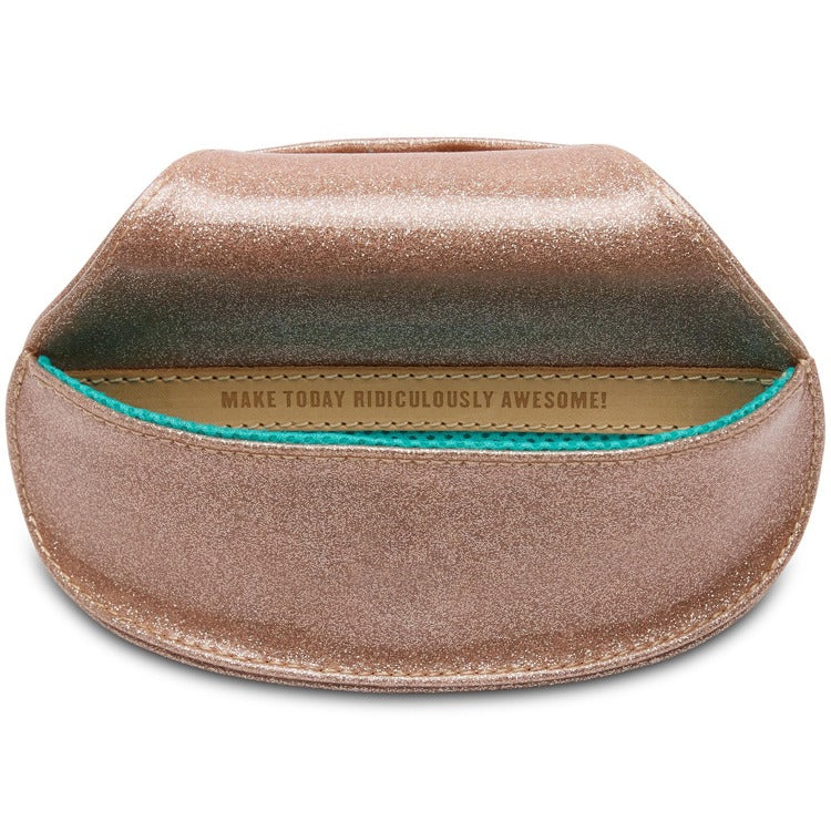 Rose gold glitter Emery sunglass case with 'MAKE TODAY RIDICULOUSLY AWESOME!' printed inside.