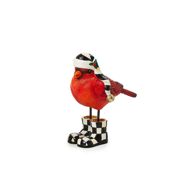 Hand-painted red cardinal figurine wearing a black and white striped hat and matching boots.