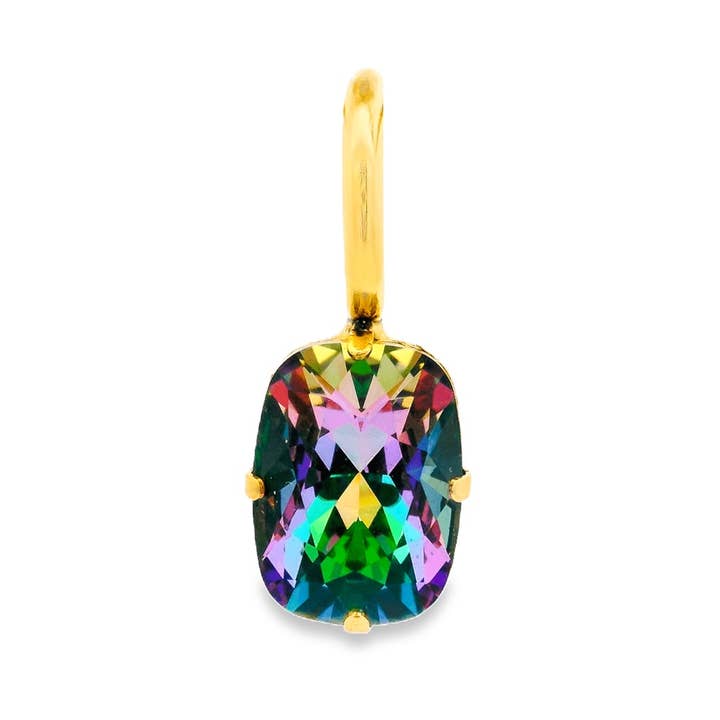 Gold pendant with a faceted cushion-cut crystal in rainbow hues.