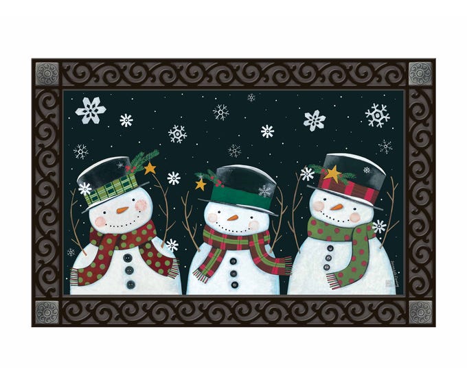 Nighttime Snowman Matmate with interchangeable recycled rubber tray featuring non-slip backing.