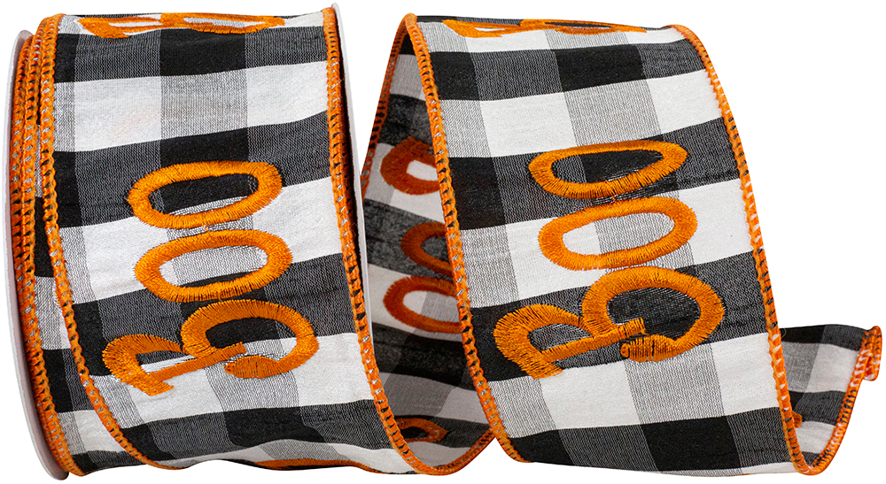 Boo embroidery on black and white buffalo check wired edge dupioni ribbon.