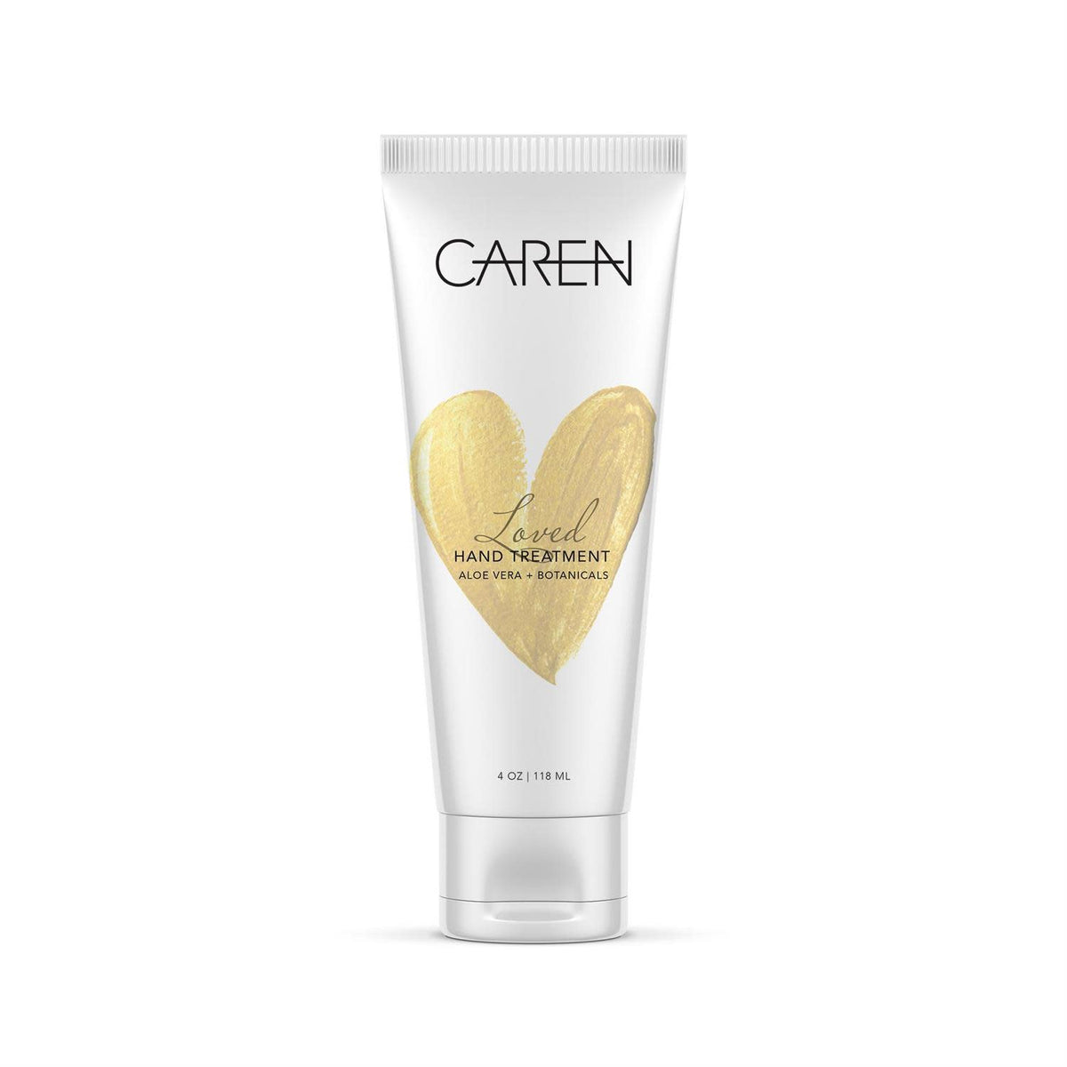 4 oz tube of Caren Loved Hand Treatment with a gold heart design and aloe vera + botanicals.