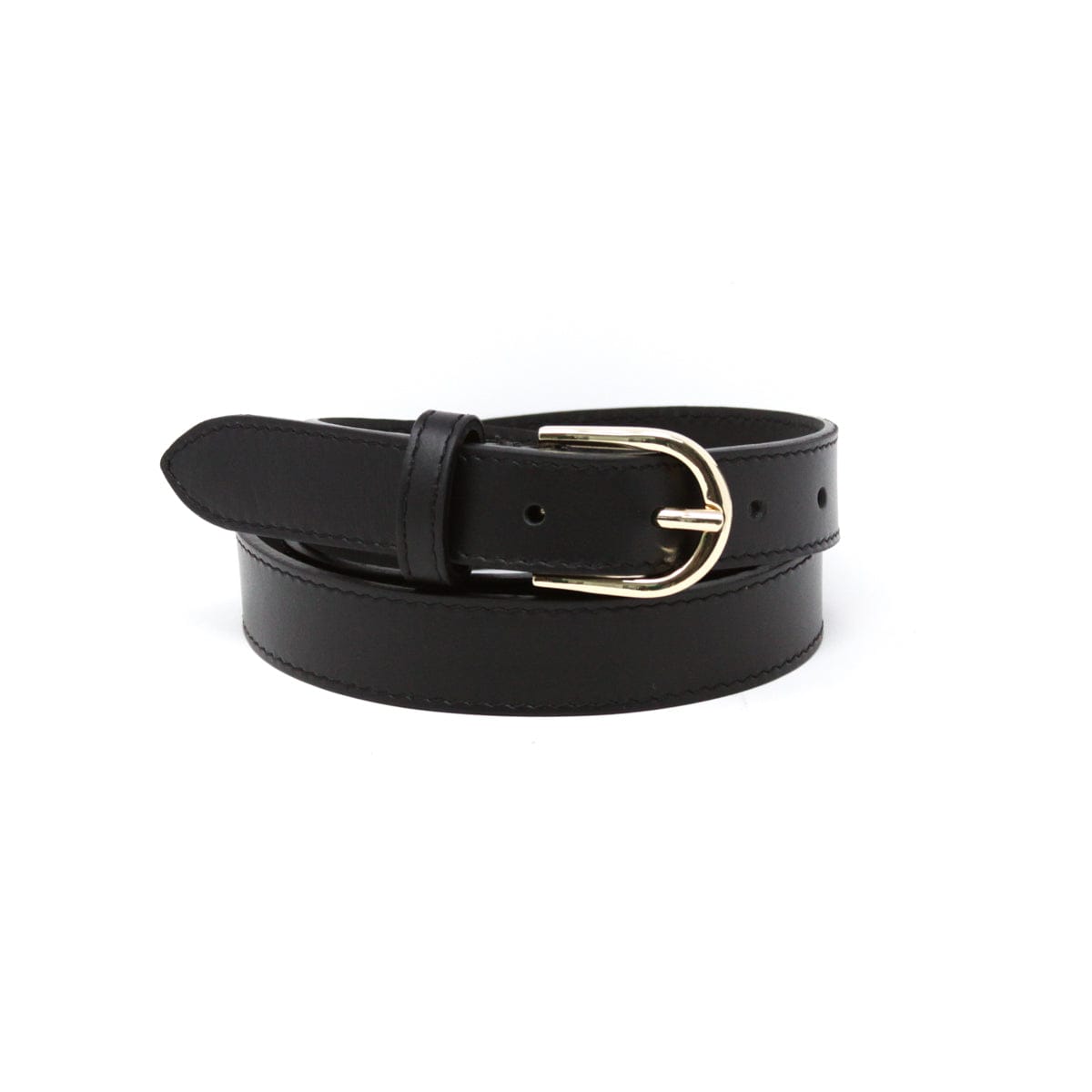 Black leather belt with a gold horseshoe-shaped buckle and fine stitching.