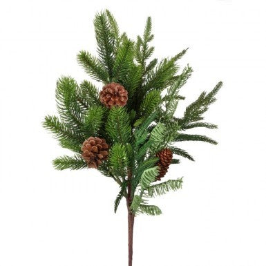 24 inch artificial Norfolk, spruce, and juniper spray with green needles and three pinecones.