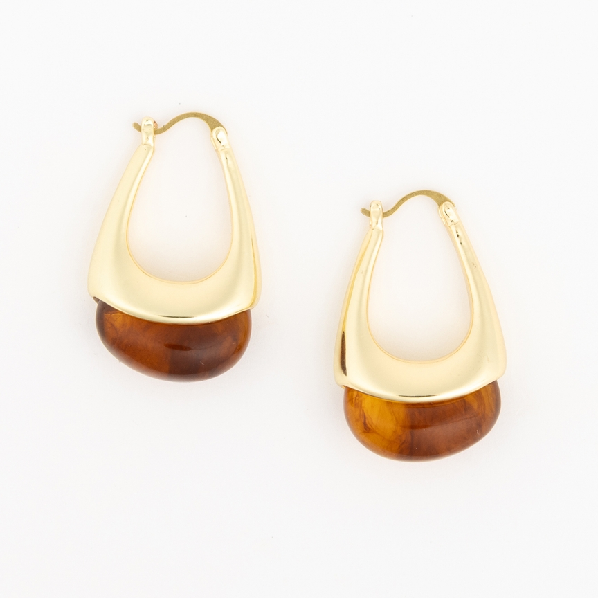 Talia gold-tone hoop earrings with a smooth, dark amber resin drop detail.