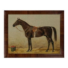Vintage print of a saddled dark brown horse on linen, set in a dark wood frame.