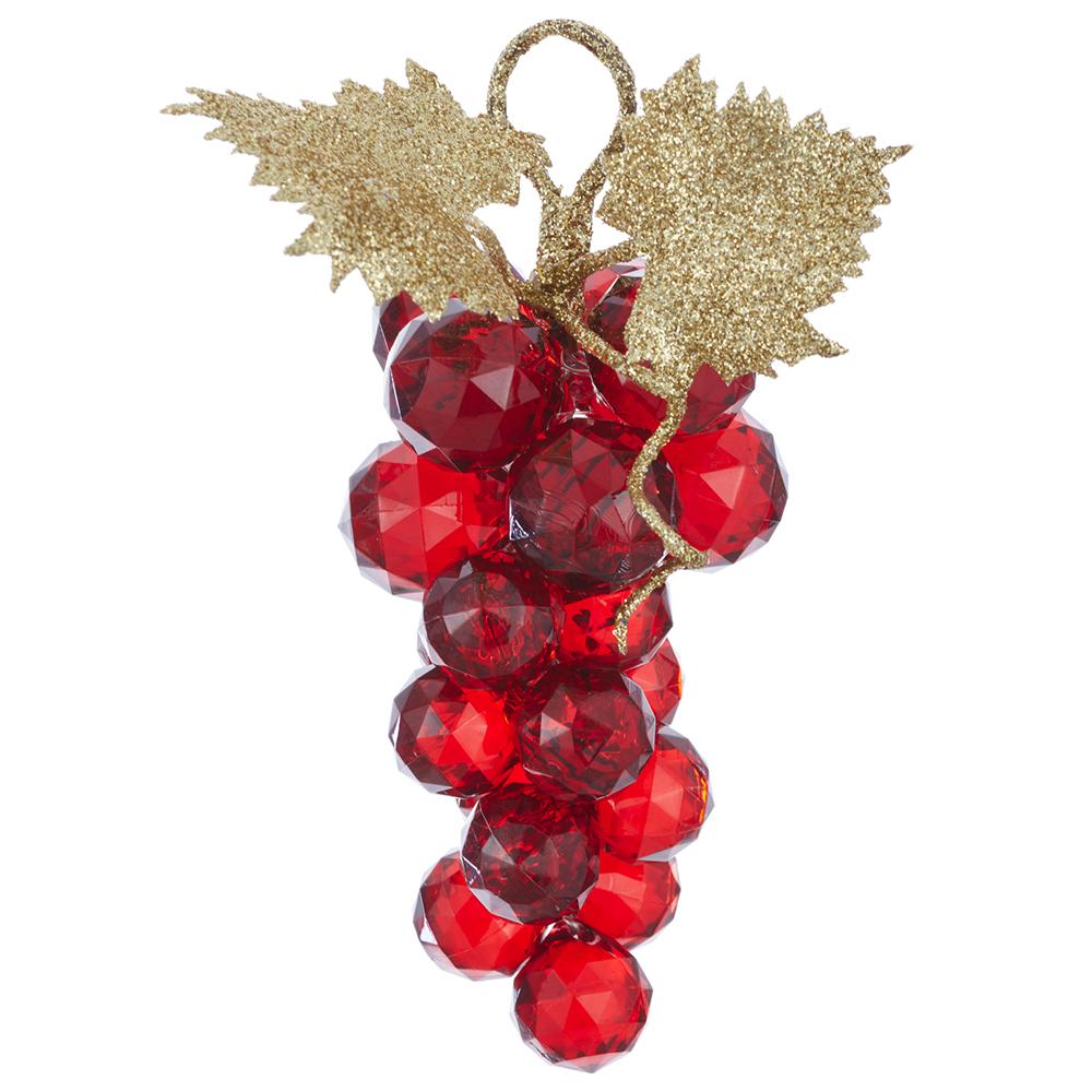 Red faceted glass-style grape cluster ornament with two gold glitter leaves and a hanging loop.